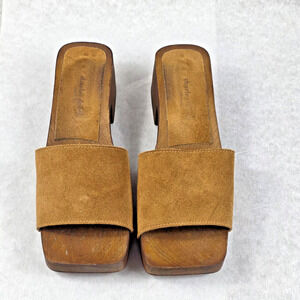 Vintage 90s Charles David Brown Suede Wood Platform Mules Clogs Sz 40 Made italy